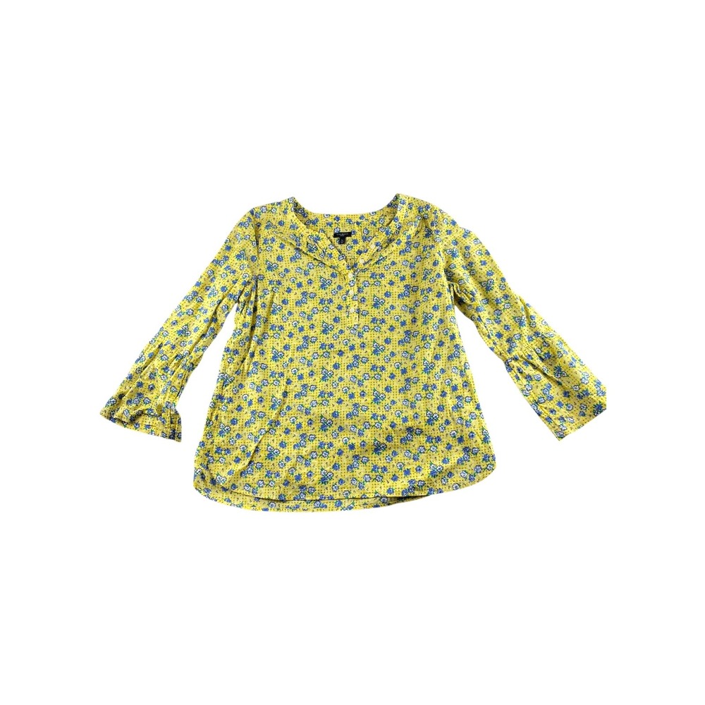 Talbots Petites Yellow Blue Floral Print V Neck Button Front‎ LS Tunic Top LP